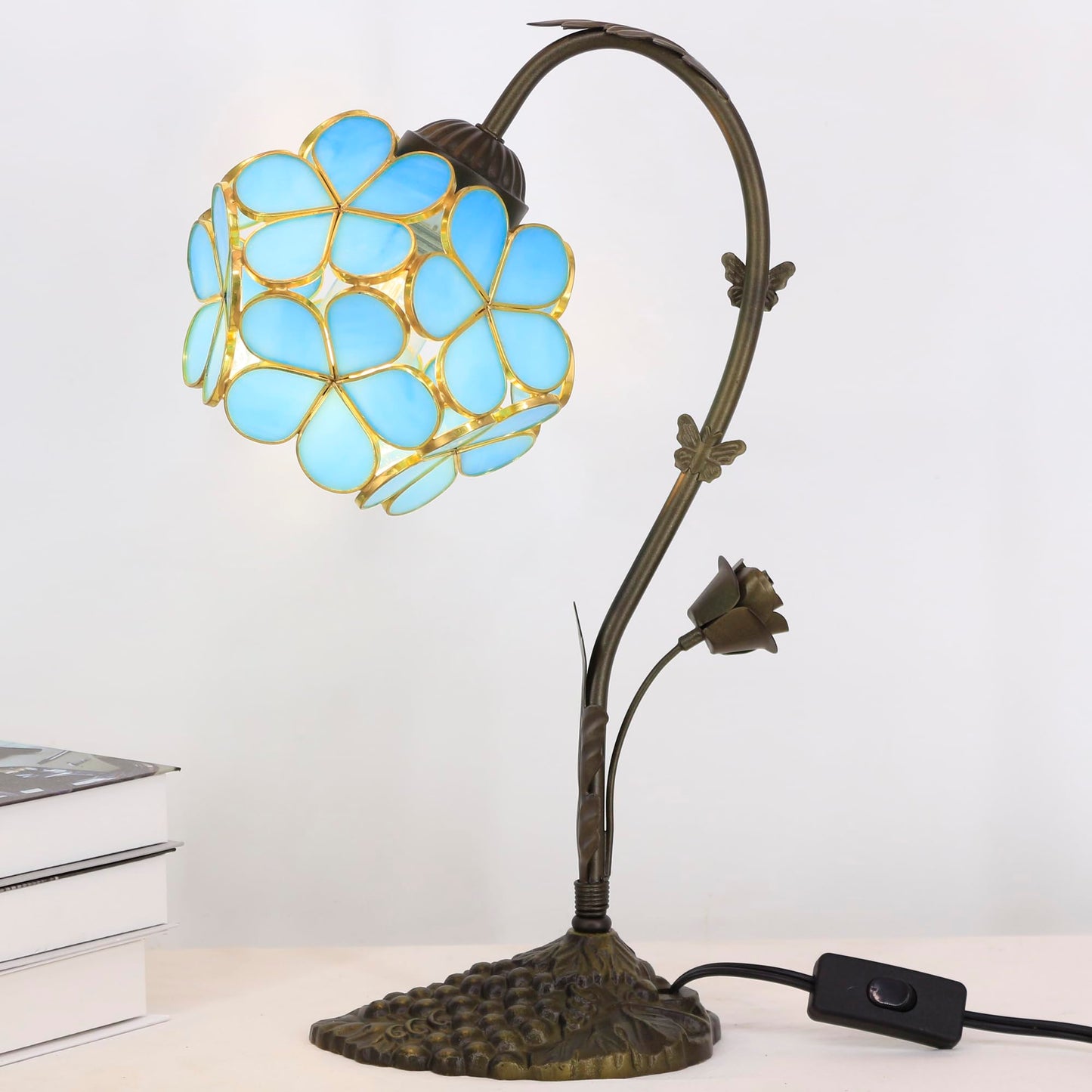 L-Juicwe Tiffany Stained Glass Table Lamp Blue Flower Petal Style 10×6×16 Inches Bedroom Office Reading Light