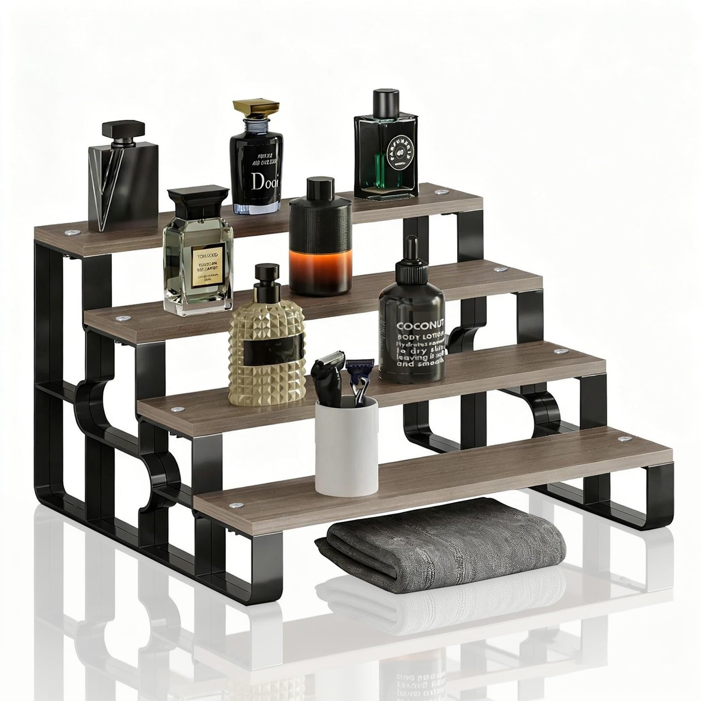 USHARP 4 Tier Cologne Organizer for Men, Wooden Perfume Organizer Stand, Waterproof Display Shelf Rack for Dresser, Vanity, Figures, Cupcake, Dessert Table(Walnut,Width=11.2")