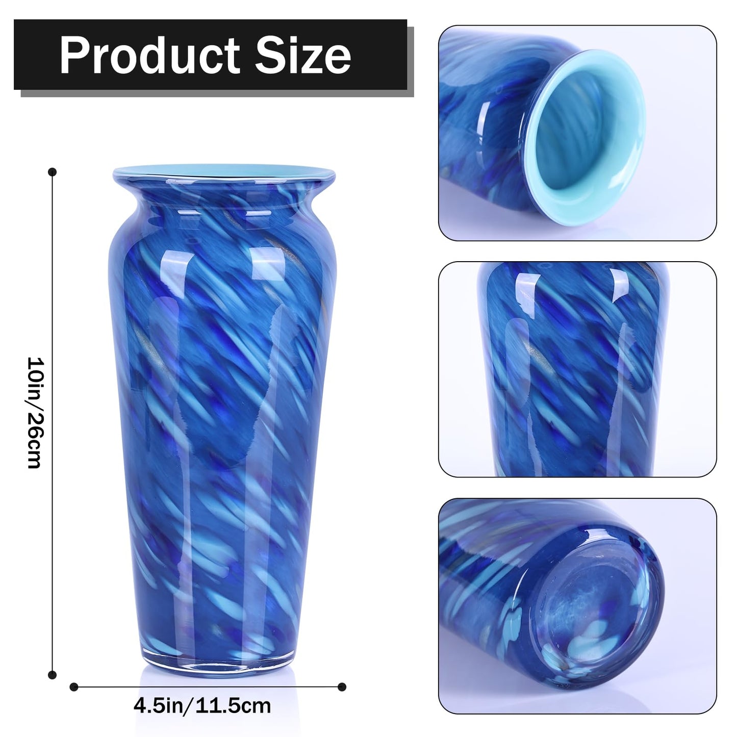 Blown Glass Blue vase, Blue Home Decor, Modern Art Wide Mouth vase for Living Room Dining Table Coffee Table entryway TV Stand nightstand Centerpiece.