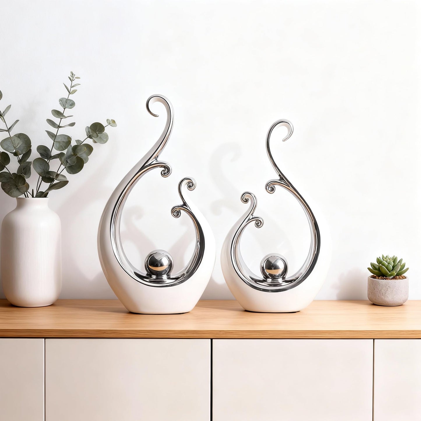 DOVDOV White and Silver Home Decor, Abstract Ceramic 2-Piece Sculpture Set, Modern mid-Century Art Statues, Perfect for Accent Tables, countertops, Coffee Tables, and entryway Decor.