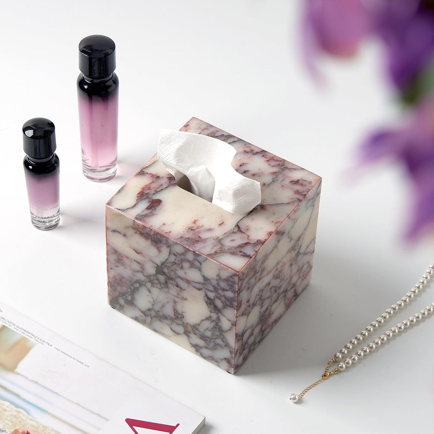 Luxury Natural Calacatta Viola Marble Tissue Box Cover 5.5 Inch Square - Fits Most Standard Tissue Boxes, Heavy-Duty Non-Slip Base, Decor for Bathroom Vanity, Kitchen, Living Room, Office Countertops