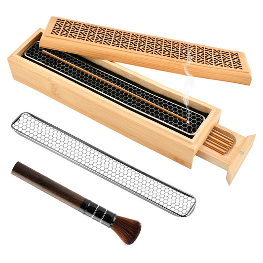 Incense Holder Burner, Coffin Double Layer Wooden Ash Catcher with Storage Drawer & Lid, Includes Zen Brush and Incense Stand for Meditation, Yoga Room, Home, Office