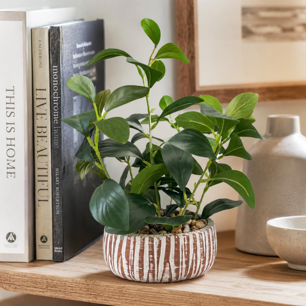 FLRLIVING Artificial Potted Plants Life-Like Fake Plant with Farmhouse-Style Cement Planter Feturing Light Wood Tone for Room Bathroom Bedroom Kitchen Office Dese Coffee Table Décor (12.8inch)
