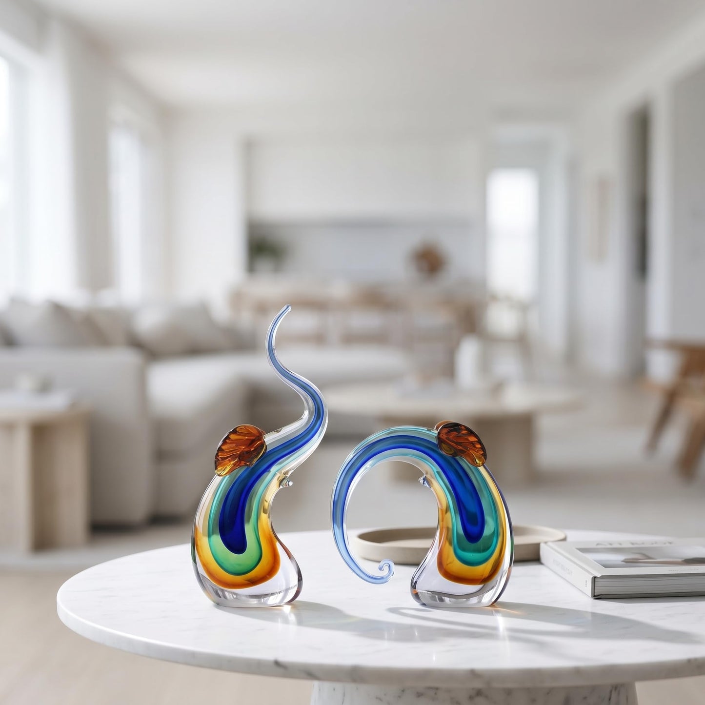 suruim Hand Blown Murano Glass Elephant Statues Set - Luxury Sculptures Home Decor for Living Room & Office Art Glass Ornament Animal Collectible (Blue)