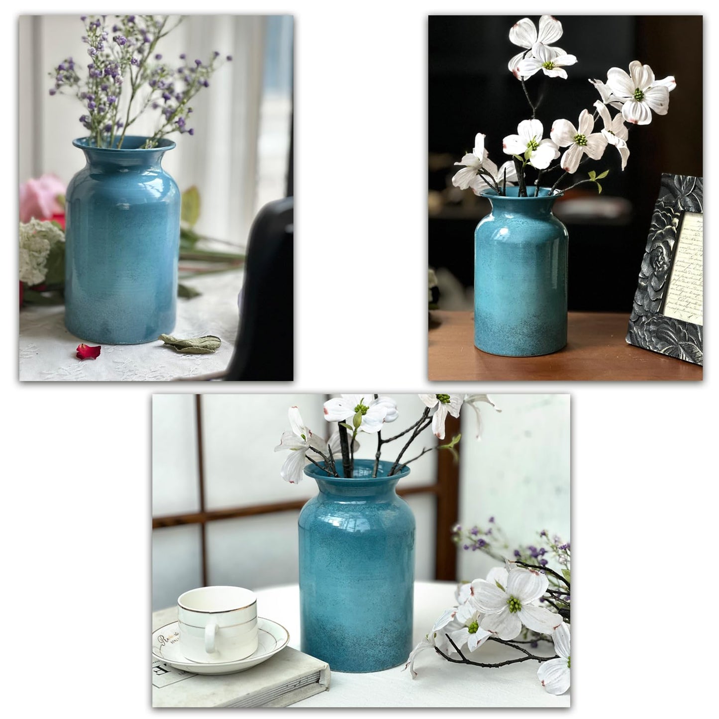 PHILPETY Shabby Chic Classy Designed Blue Milk Can Galvanized Finish Metal Vase Country Rustic Primitive Decorative Flower Holder for Home Office Garden, 7.8" H