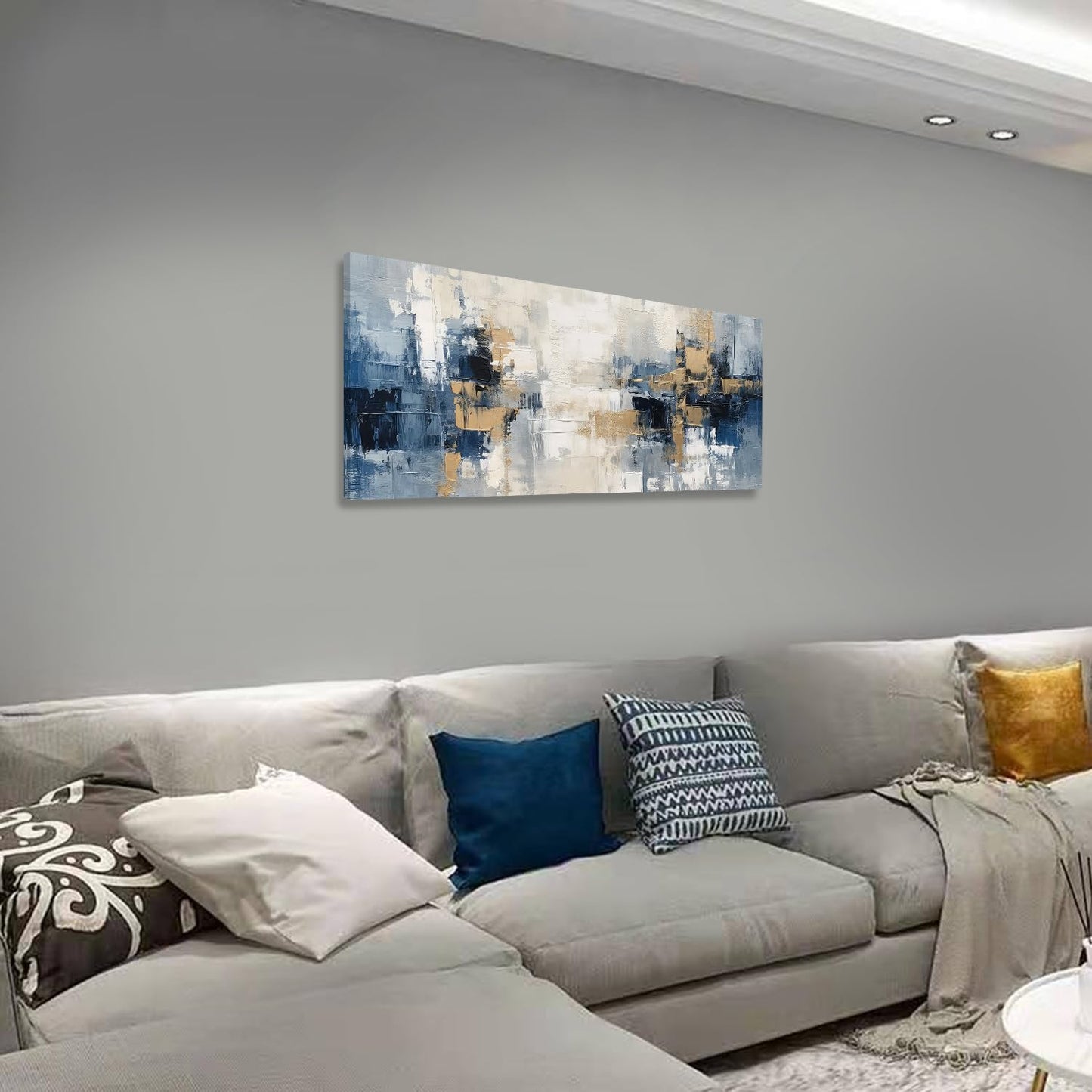 Blue and Gold Abstract Canvas Print Painting Indigo Modern Wall Art for Living Room Bedroom Home Office Decor