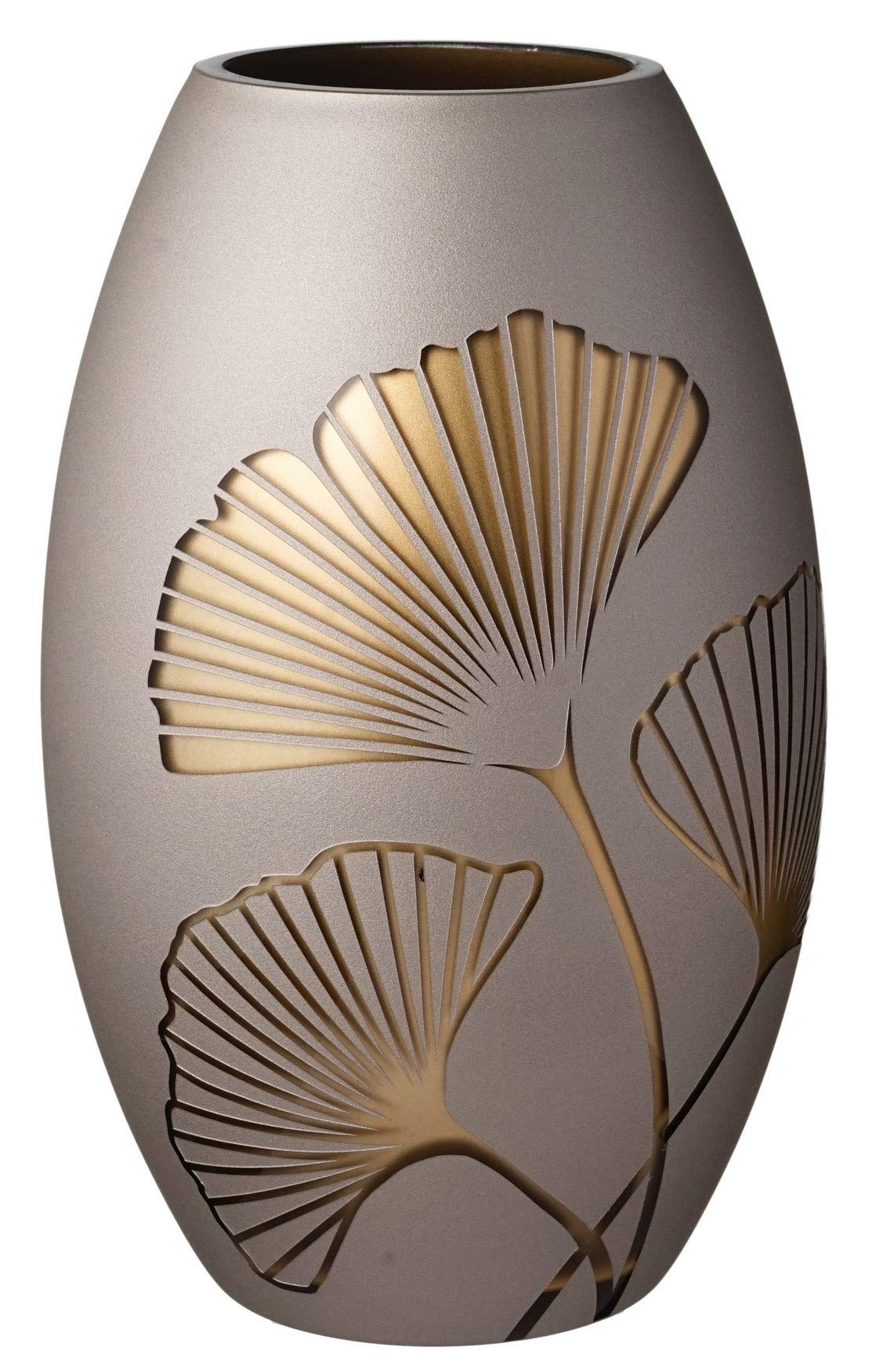 Golden Glass Vase - Etched & Painted Gold Ginkgo Leaves Decor - Mouth Blown Thick Glass - Elegant Home Wedding Decor - Golden Gift Box - 9.1 in (23 cm)
