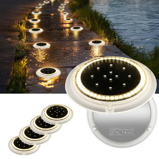 SHONELIGHTING Solar Driveway Lights, Super Bright 48 LED Disc Lights, Flat Low Profile IP67 Ground Lights Easy Install for Deck, Dock, Pathway, Patio, Walkway (Warm White, 6 Pack)