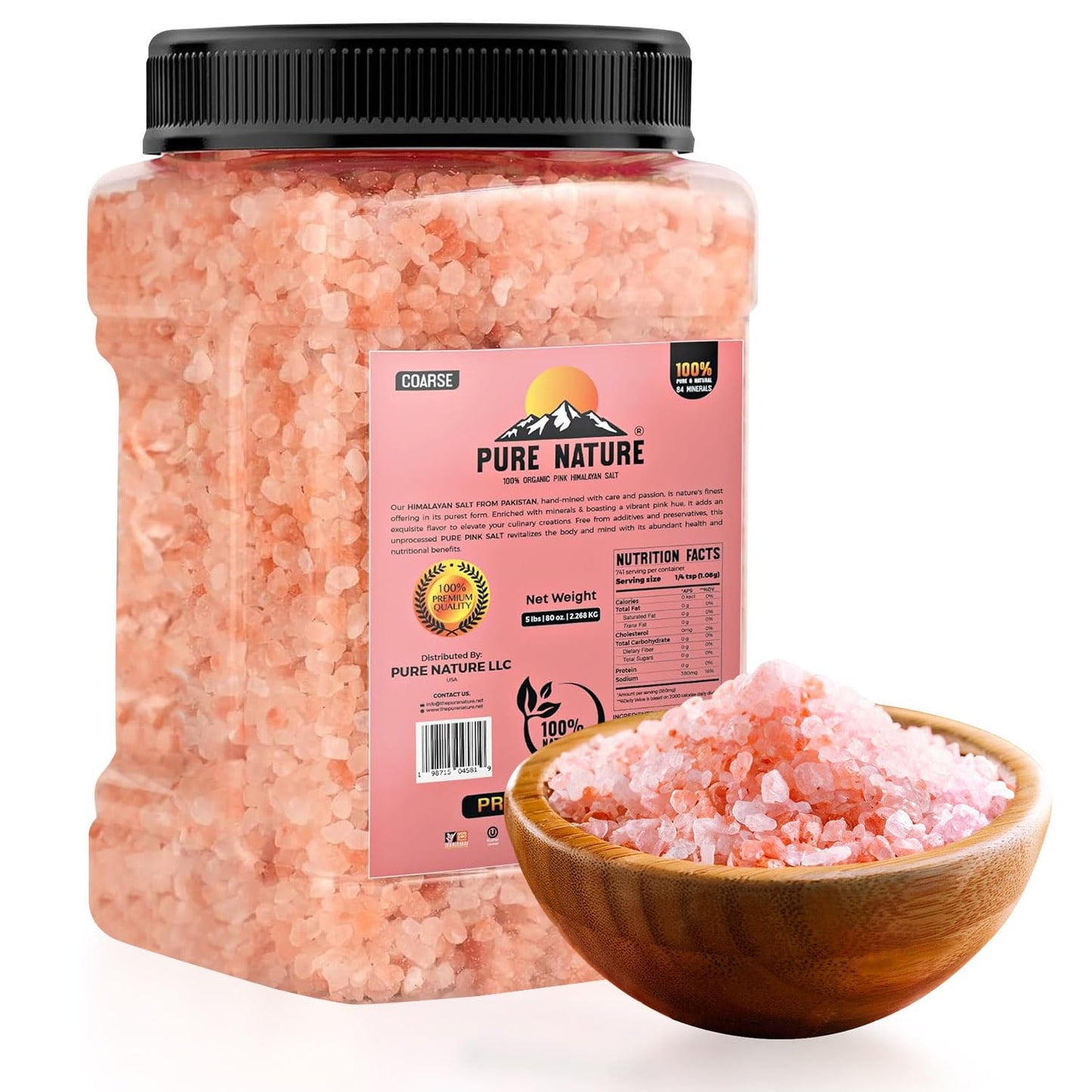 PURE NATURE Himalayan Pink Salt Coarse Grain 5 lb Bulk Bag – Natural Pink Himalayan Rock Salt for Grinder Refill, Cooking, and Seasoning, Coarse Pink Salt Crystals from Pakistan, Non-GMO