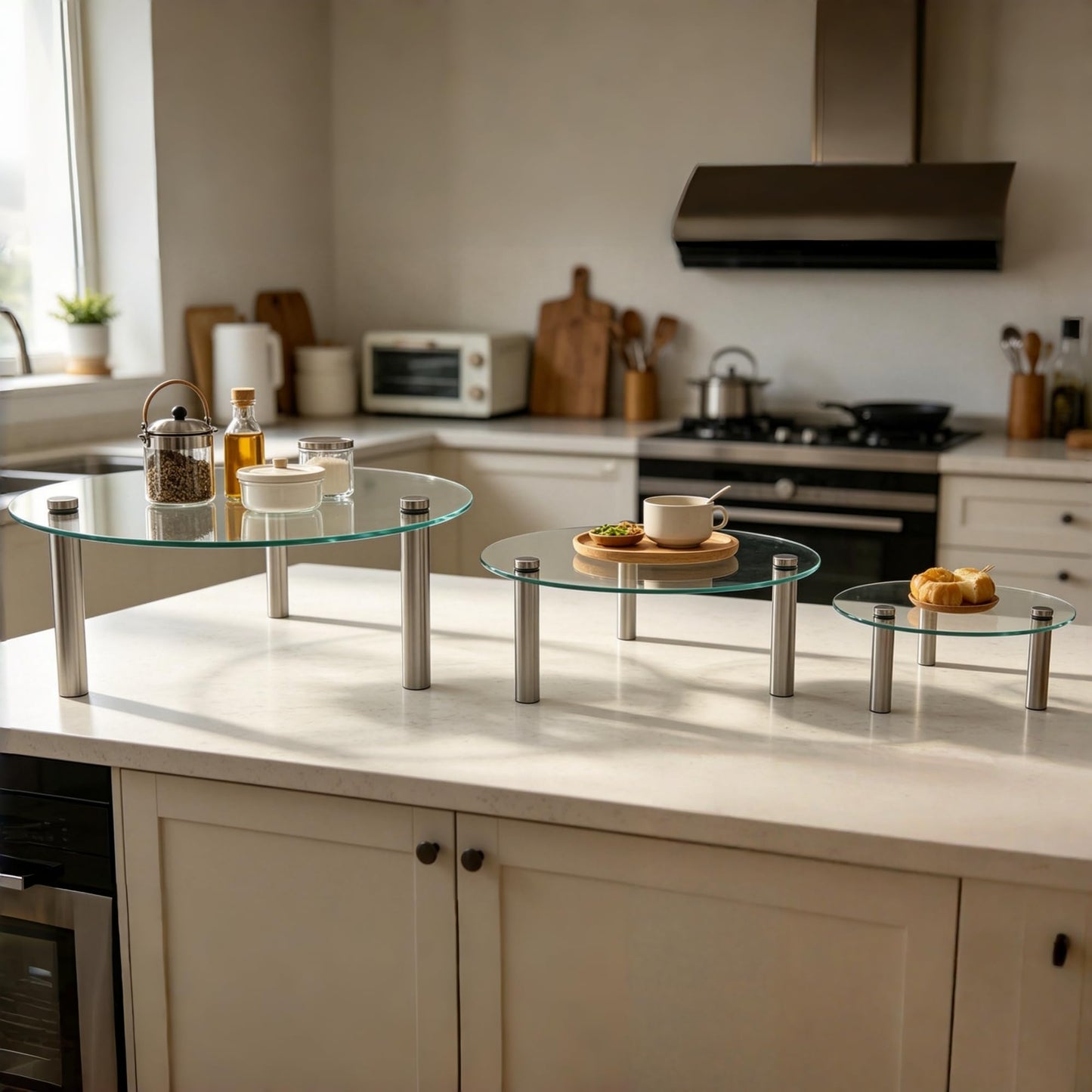 3 Piece Tempered Glass Display Stands Set, 3 Tier Clear Countertop Organizer Risers with Stainless Steel Legs, 9'' 11'' 13'' Round Display Shelves for Kitchen, Bathroom, Vanity and Retail Display