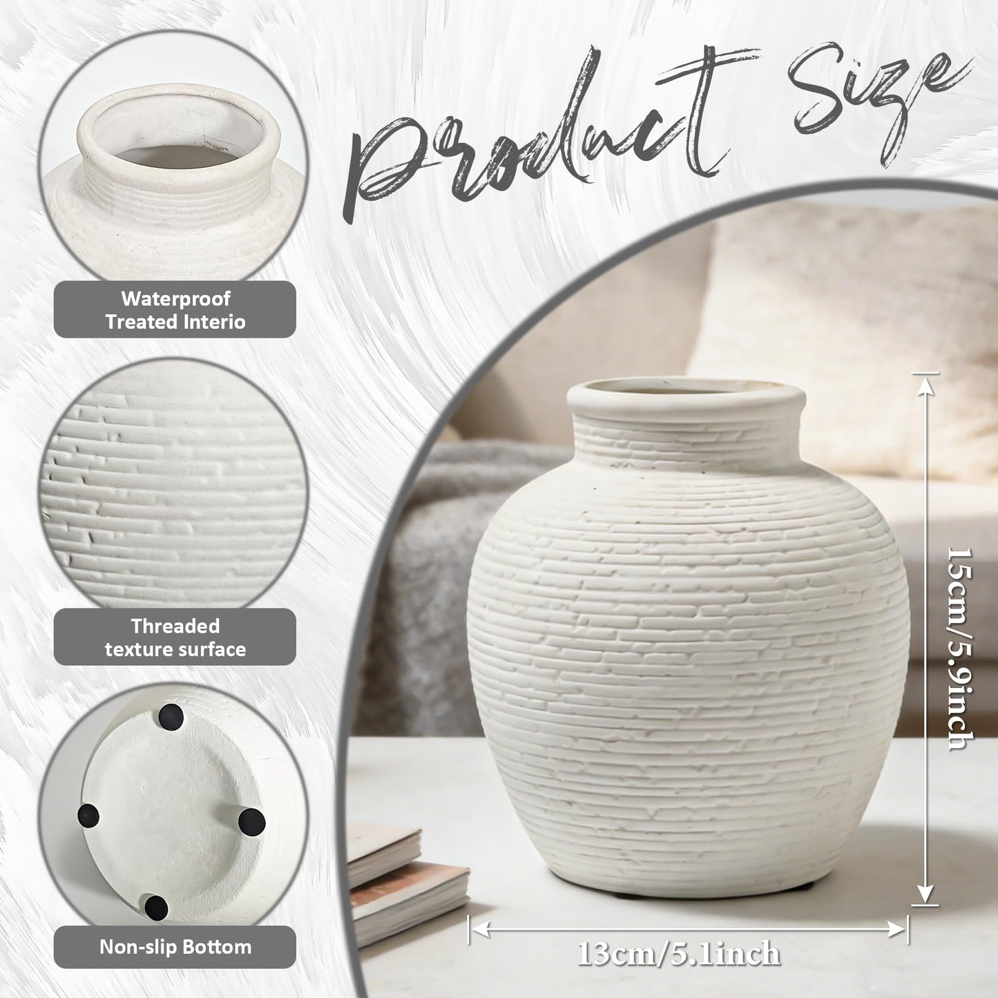 QeemTaco 6-Inch Modern White Ceramic Vase, Rustic Ribbed Flower Vase with Waterproof Interior, Small Boho Decorative Vase for Fresh or Dried Flowers, Home Decor, Coffee Table, Mantle