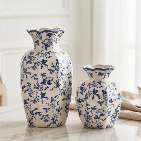 2 Pcs Blue and White Vintage Vase Ceramic Chinoiserie Floral Vase 9.5'' 6'' Decorative Antique Vases for Home Decors, Living Room, Bookshelf, Office, Grand Millennial Decor, Chinoiserie Decors