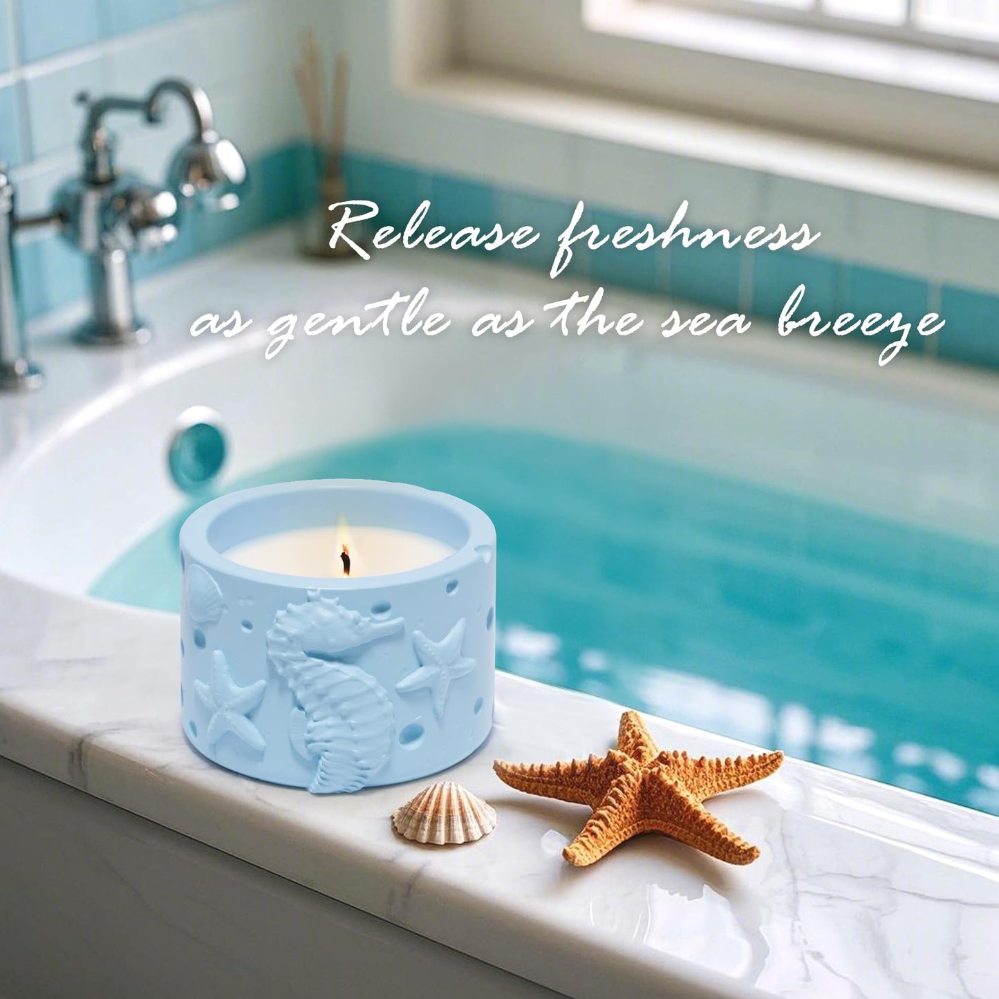 Hodao Oceanic Serenity Handcrafted Aromatherapy Box with Candle & Decor – Beach Rock Sculpture with Sea Turtle, Seashells, for Home, Bathroom, Yoga Room Decor (Blue-Seahorse)