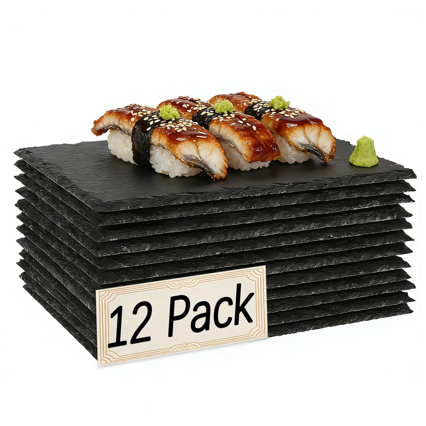 DASSNANE 12 Pack 9inch*6inch Natural Slate Cheese Board Sushi Placemat Stone Charcuterie Platter Food Contact Safe Stone Slate Tiles for Laser Engraving,Suitable for Party, Gift, Fruit, Meat, Wedding