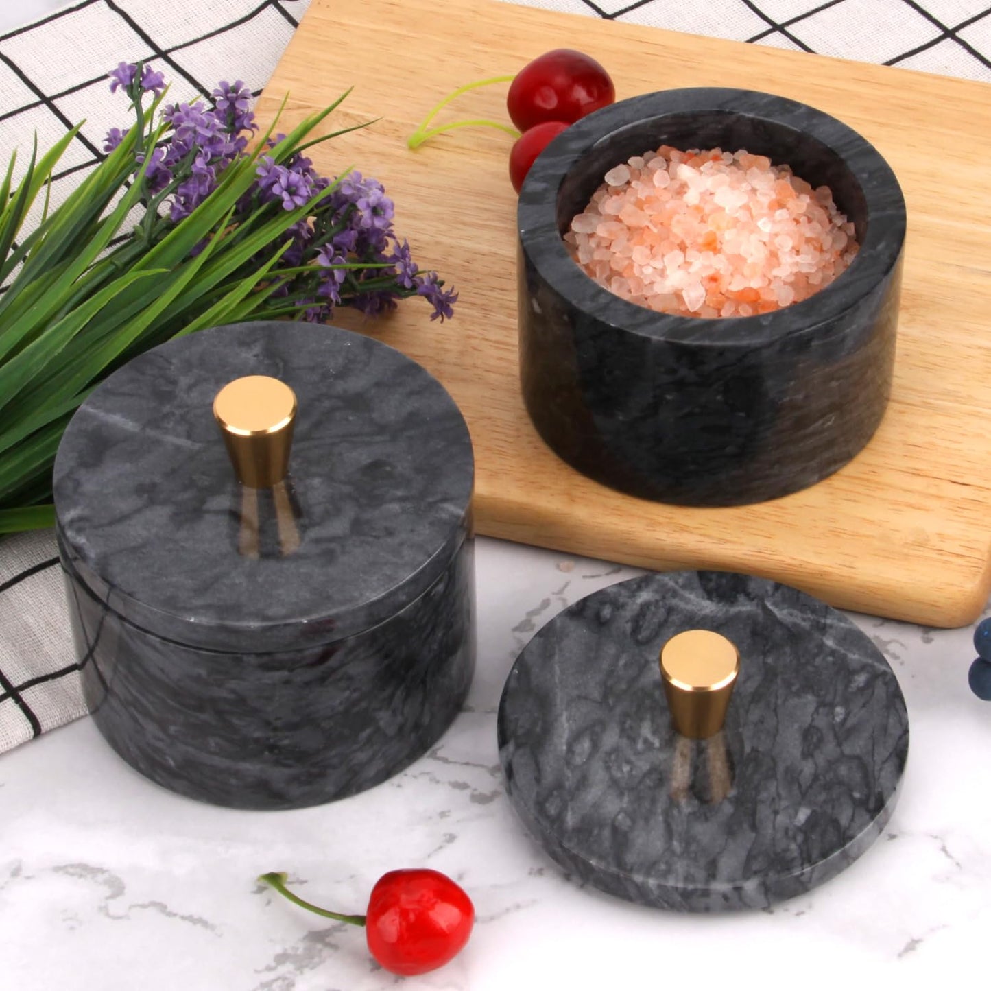 Stonemanus Marble Salt Cellar with Lid, 4 inch Natural Stone Salt Pepper Box, Alloy Lid for Kitchen Countertop Storage (Dark Grey, 4 * 3.5)