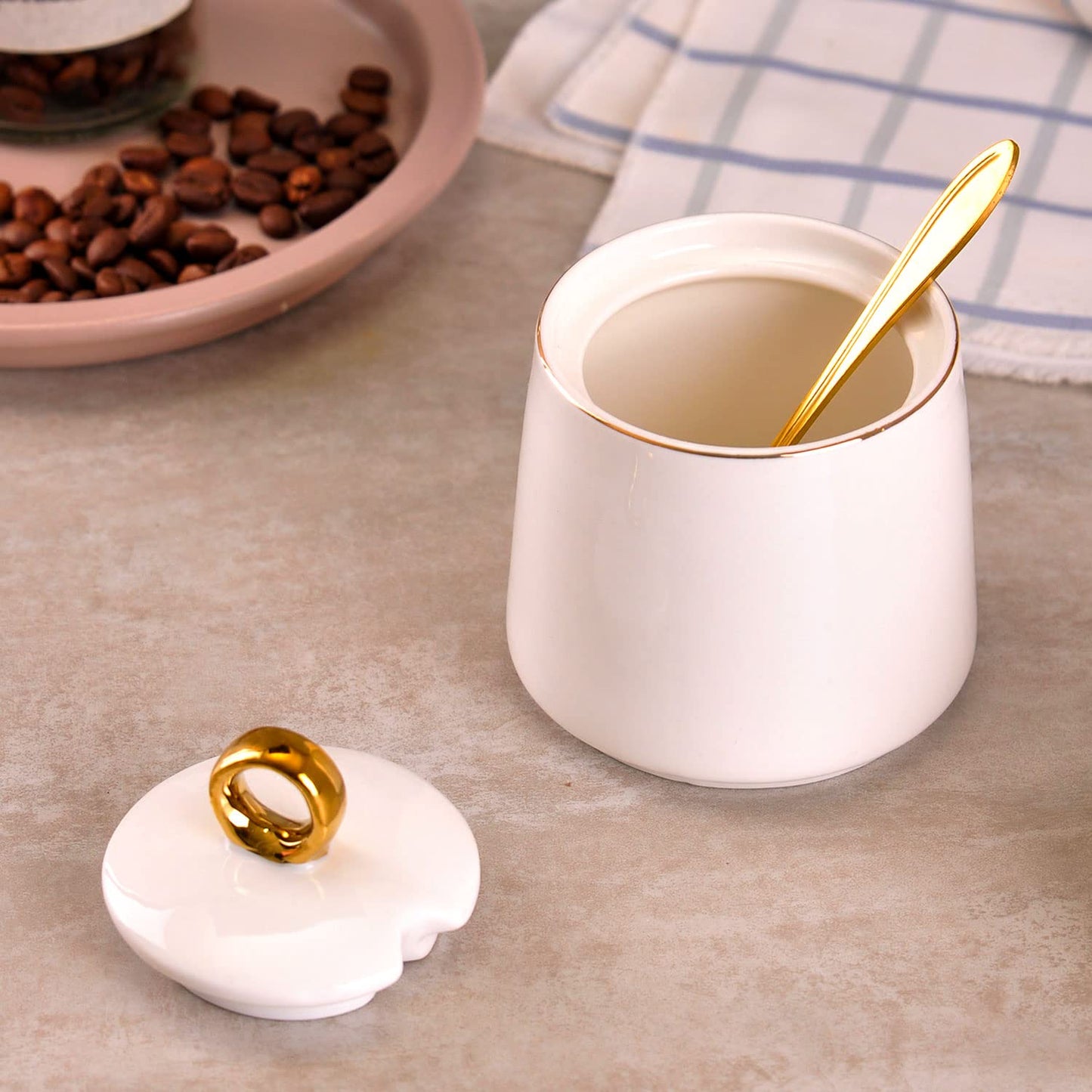 WHJY Ceramic Sugar Bowl with Lid and Spoon, Simple White Clear Porcelain Salt Bowl Salt Container, Modern Spice Box Seasoning Jar for Home and Kitchen Coffee Bar - Green