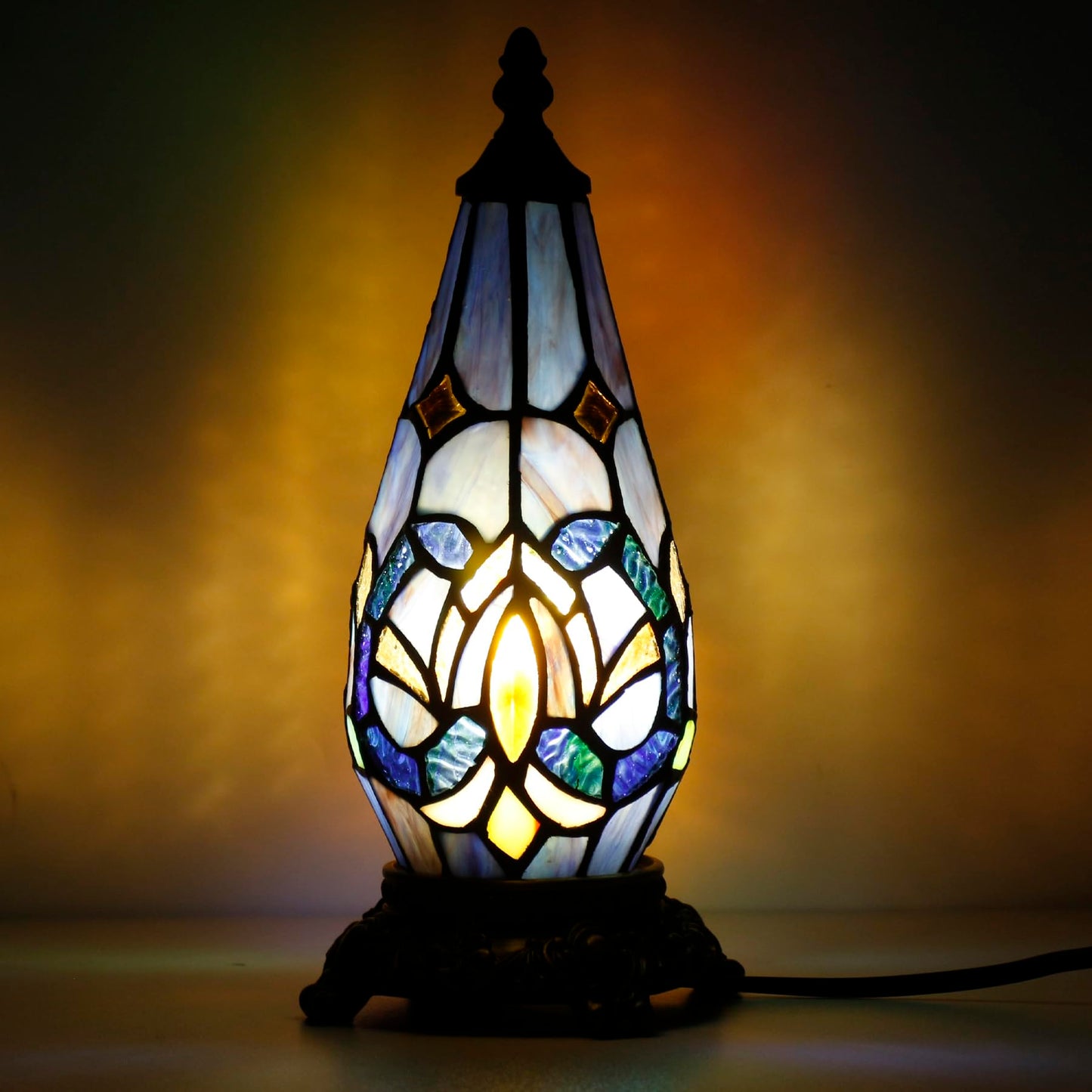 TCODTPOL Small Tiffany Lamp Stained Glass Table Lamp 5.5X11 Inch Christmas Tree Lighthouse Mini Accent Memory Sympathy Antique Night Light for Bedroom Living Room (Blue Purple)