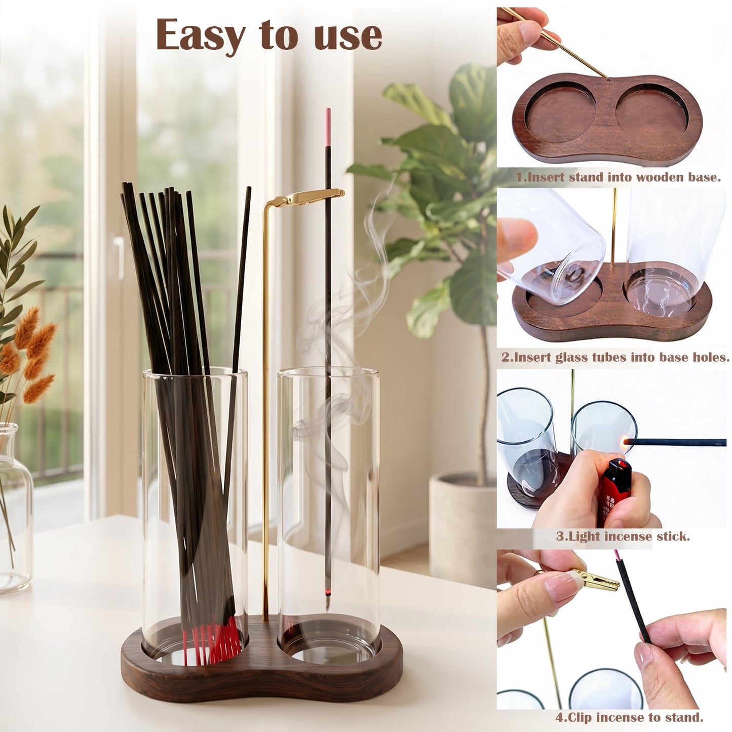 2 in 1 Mess-Free Hanging Incense Holder for Sticks, Anti-Ash Glass Incense Burner with Wooden Tray, Vertical Brass Stand Catcher, Aesthetic Zen Room Decor for Aromatherapy and Meditation