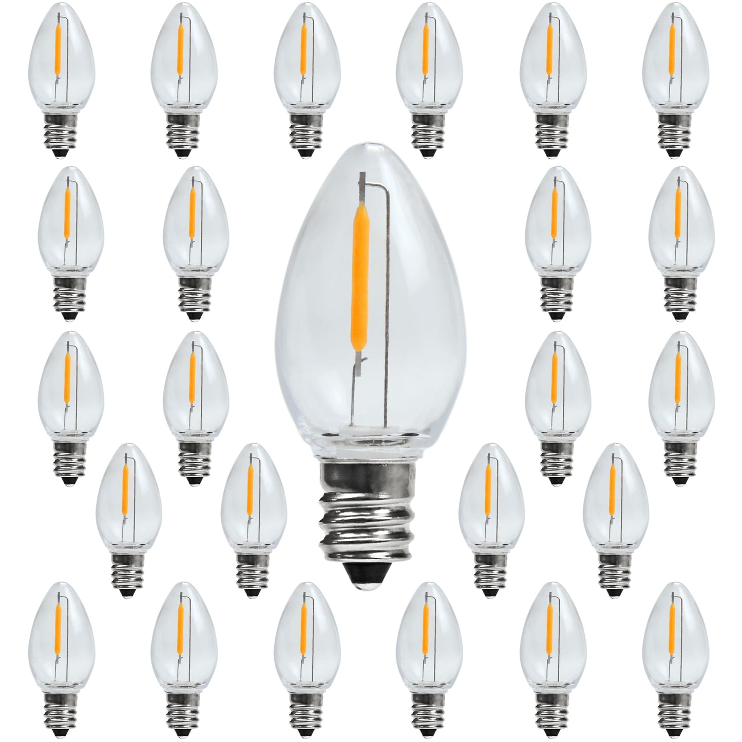 MYEMITTING C7 E12 LED Night Light Bulbs, C7 Replacement LED Light Bulbs, Window Candles & Salt Lamp Bulbs, E12 Chandelier Base, 0.6W Equivalent to 7W, Warm White 2200K, Clear Plastic, 25 Pack