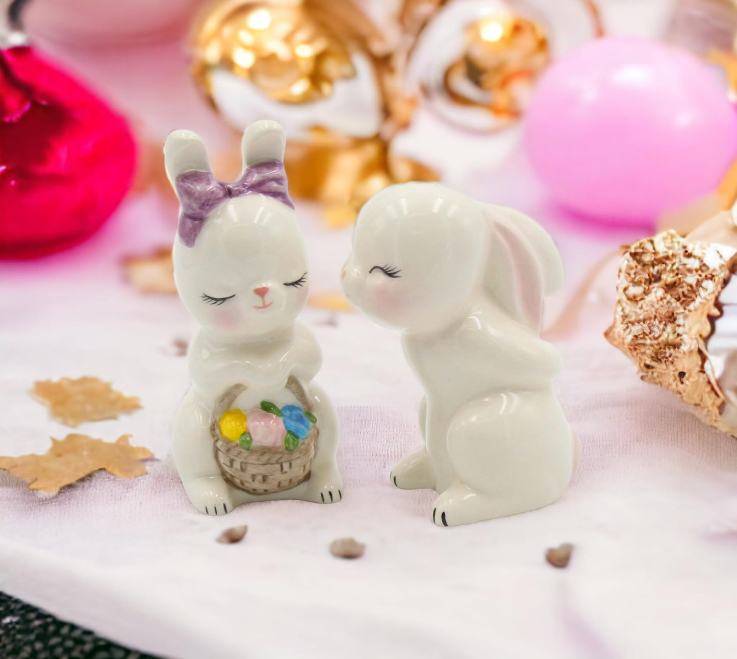 Fine Ceramic Kissing Bunny Rabbit Couple Salt & Pepper Shakers Set, 3-7/8" H