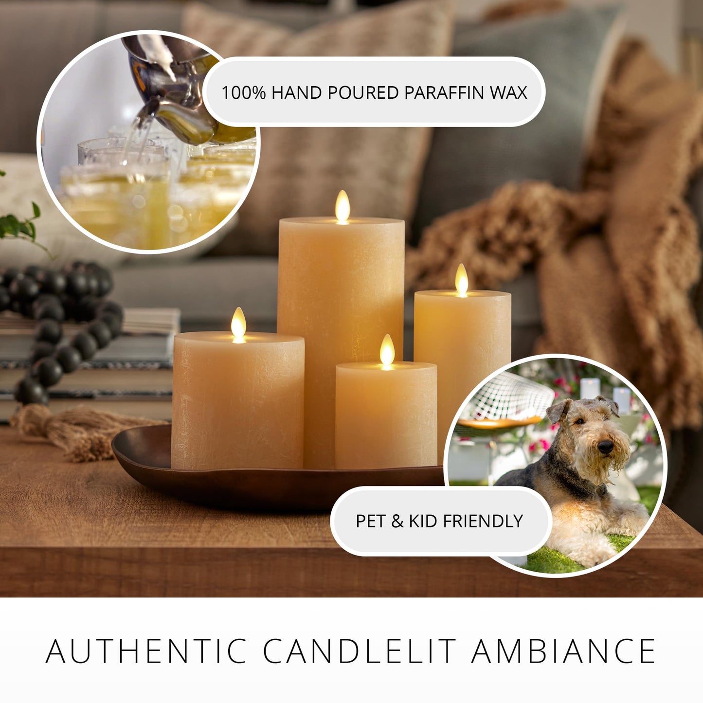 Luminara Seaglass Rechargeable Flameless LED Candle, Fog 3.8" x 8.6", Moving Flame Pillar Timer, USB Type-C Charging Cable, Unscented Real Wax