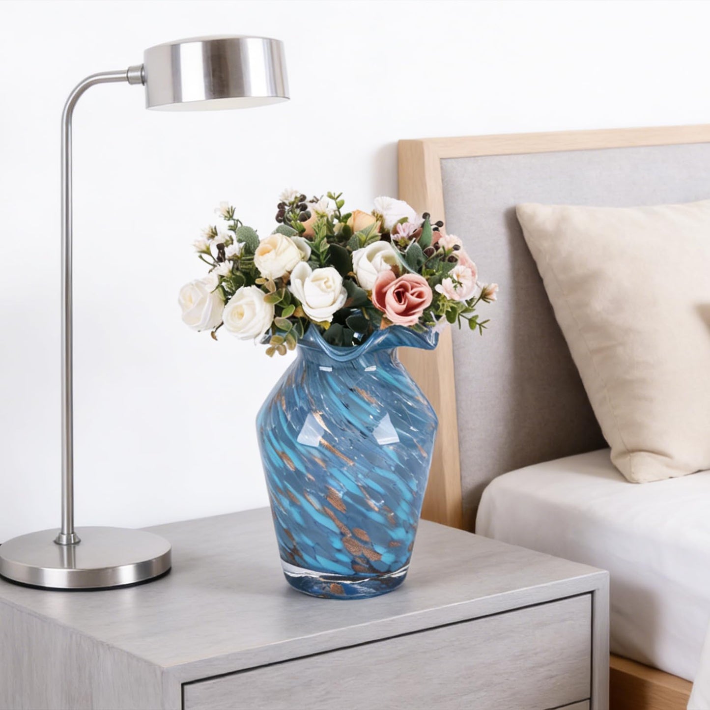 11in Blue Hand Blown Large Glass Vase - High-Waisted Rhombus Ruffle | Vases Home Decor, Blown Glass Centerpiece for Dining Room Table, Decorative Glass Flower Vase for Living Room Wedding (S)