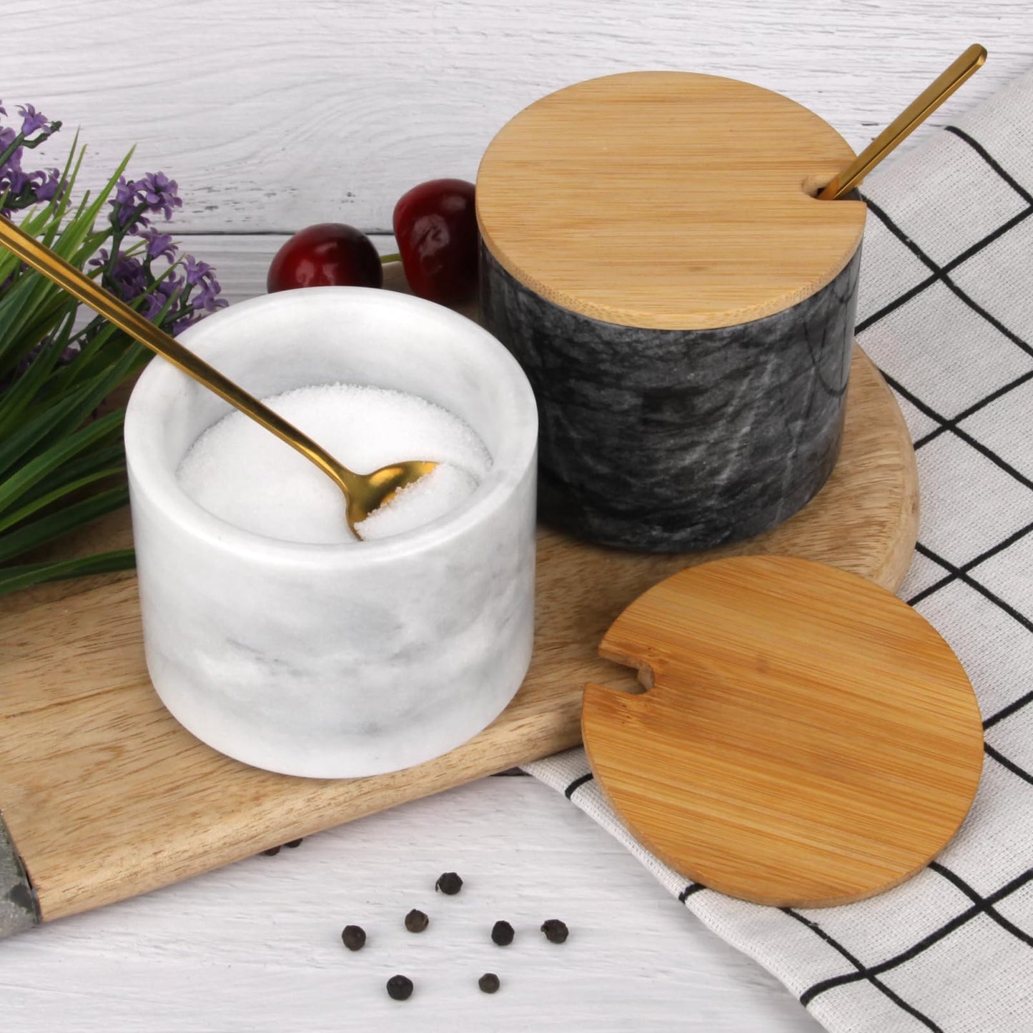 HESHIBI Marble Salt Cellar Box with Bamboo Lid & Metal Spoon, Modern Stone Salt or Pepper Sugar Spice Seasoning Bowl Container Jar Holder Well Keeper Dish Pig Crock for Kitchen (Dark Grey)