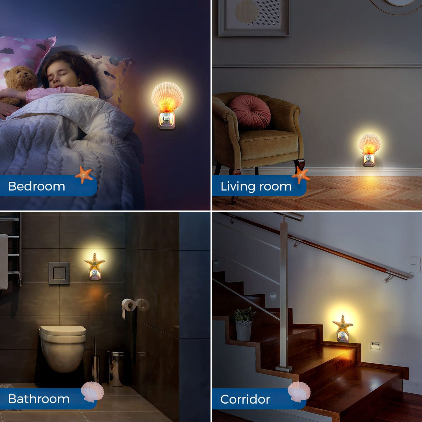 Hortsun 2 Piece Seashell Night Light Seashells and Sea Animal Plug in Night Light Beach Theme Bathroom Decor for Bedroom Bathroom Kitchen Home Decor