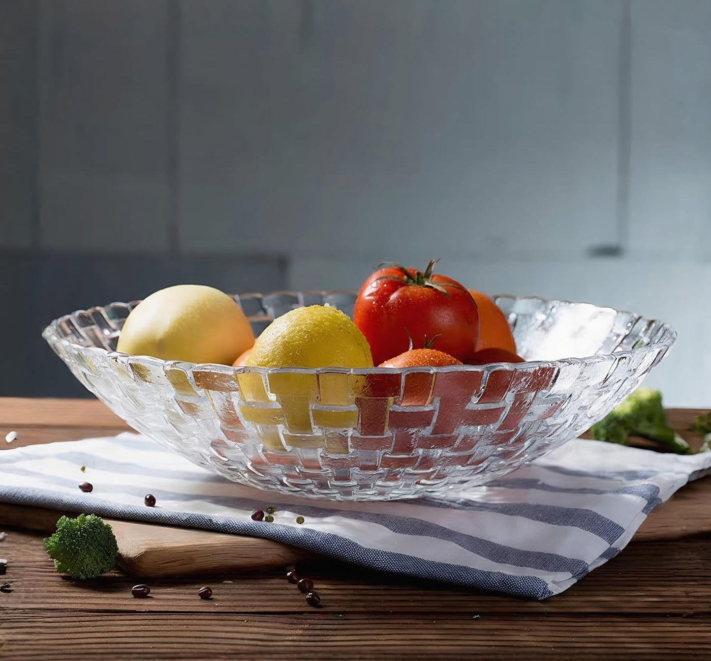 LARYVIN Woven Clear Glass Fruit Bowls Set of 2. Decoration Old Fashioned Glass Plates. 10 inch Large Salad Bowls. Suitable for Fruit, Dessert, Candy, Snack & More.