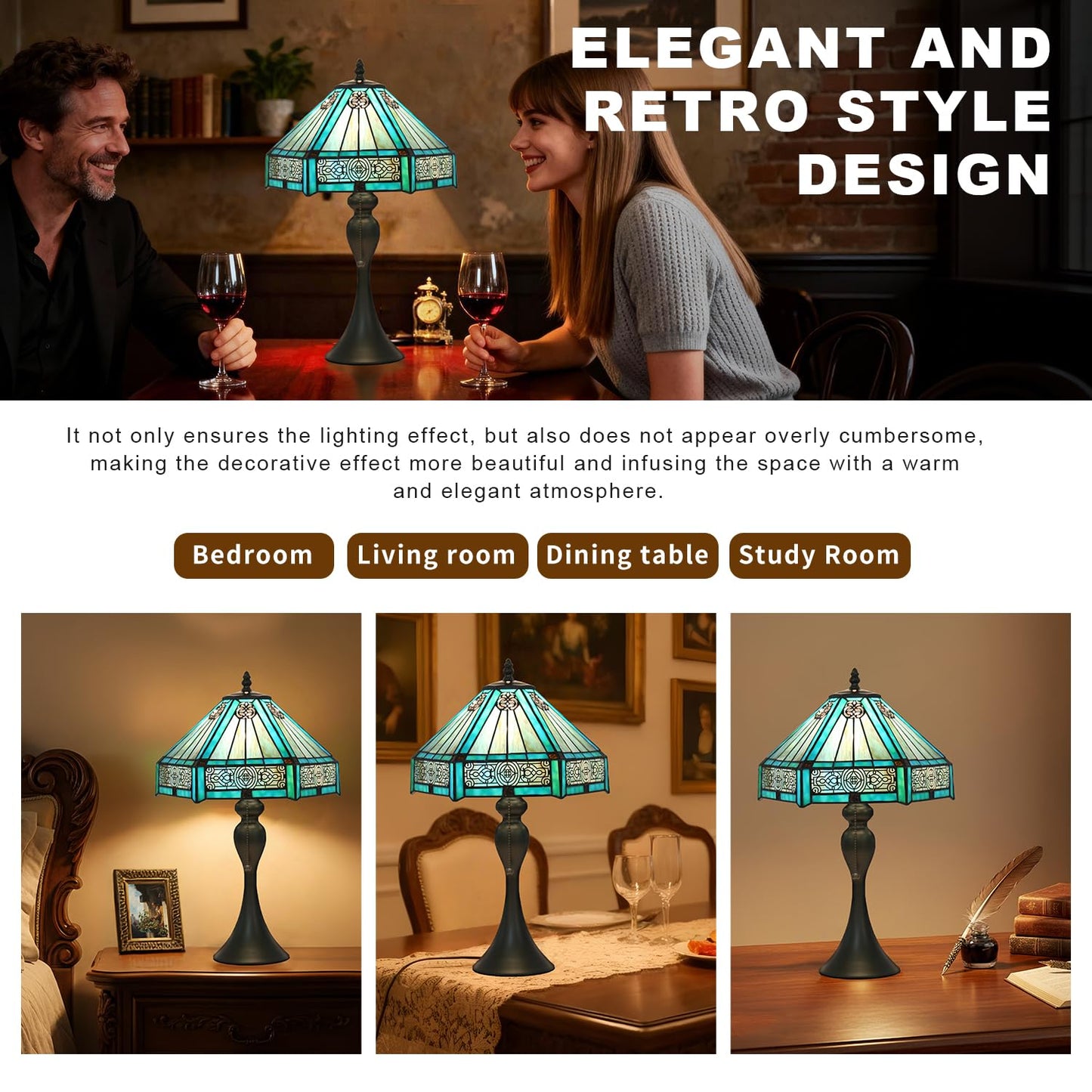 TFNALNB Tiffany Style Table Lamp, Stained Glass Lamp, 12x12x19 Inch, Vintage Metal Base Desk Light,（Green）