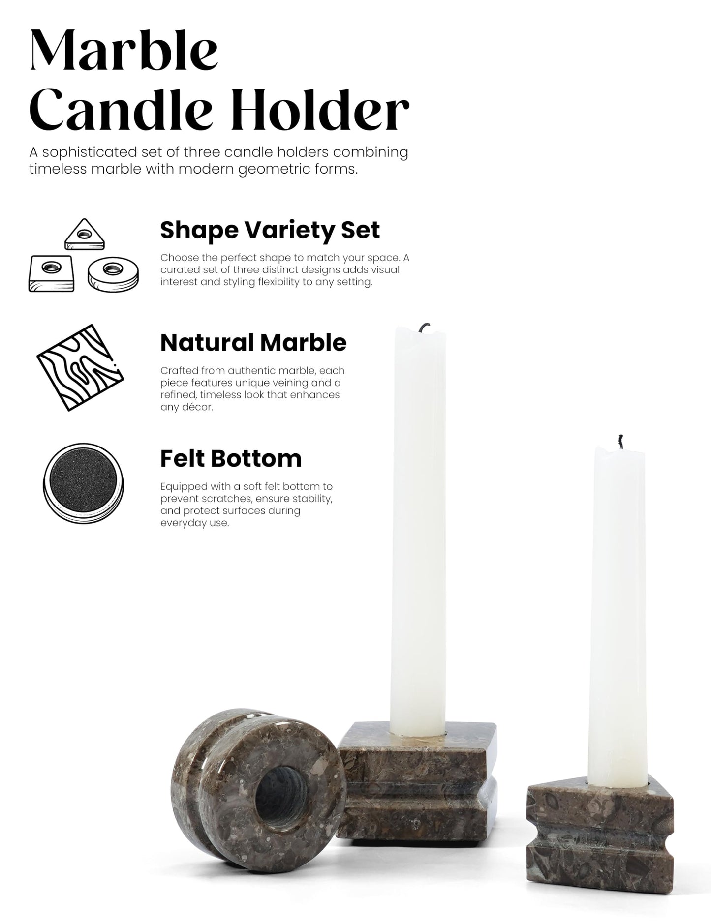 EarthenTones Marble Oceanic Candle Holder Set of 3, Handmade Natural Stone Candlestick Holders, Elegant Marble Home Décor, Modern Table Centerpiece for Living Room, Dining & Gift Decor