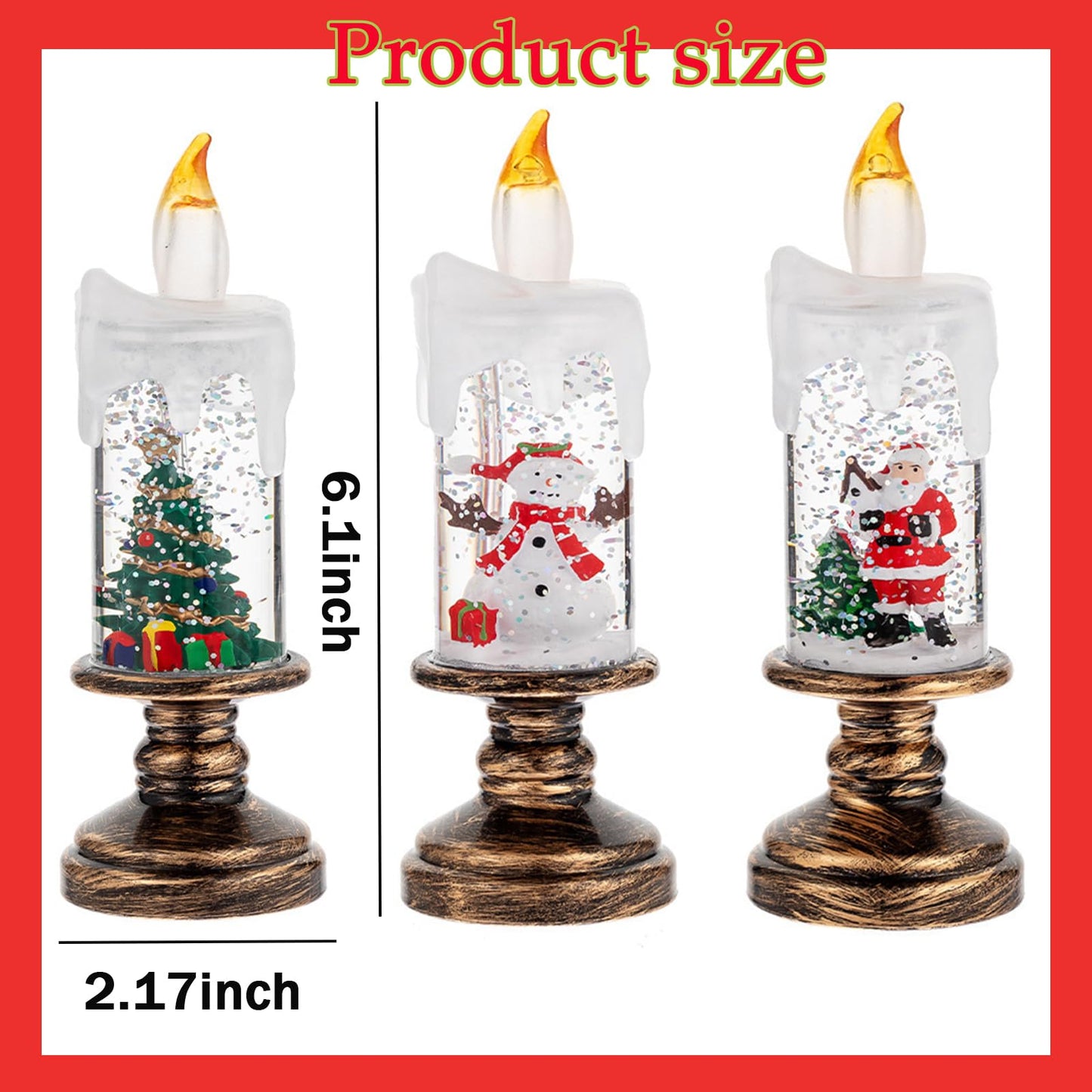 Flameless Snow Globe Candles, Battery Opered Christmas Candles Light with Swirling Glitter, Safe Fairy Tale Taper Candle for Home Fireplace Table Holiday Decor (Santa Claus)