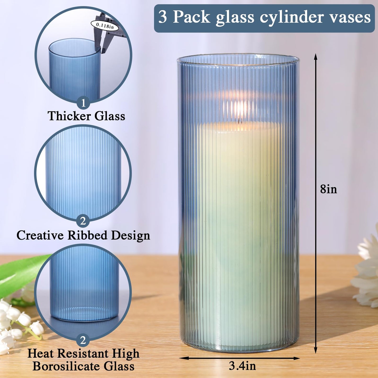 Glass Cylinder Vases, Blue Vases for Centerpieces Set of 3, 8 Inch Tall Ribbed Vase Hurricane Floating Candle Holder, Small Vases for Flowers Wedding Decoration, Home Decor, Housewarming Gift (Blue)