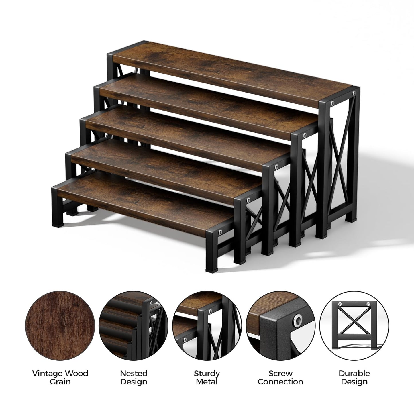 YOOMONA Stackable Wooden Cologne Organizer for Men, 5-Tier Tray Risers Display Makeup Perfume Organizer for Women, Wood Cupcake Stand, Buffet Shelf, Dessert Food Risers, Figure Collectible Stand