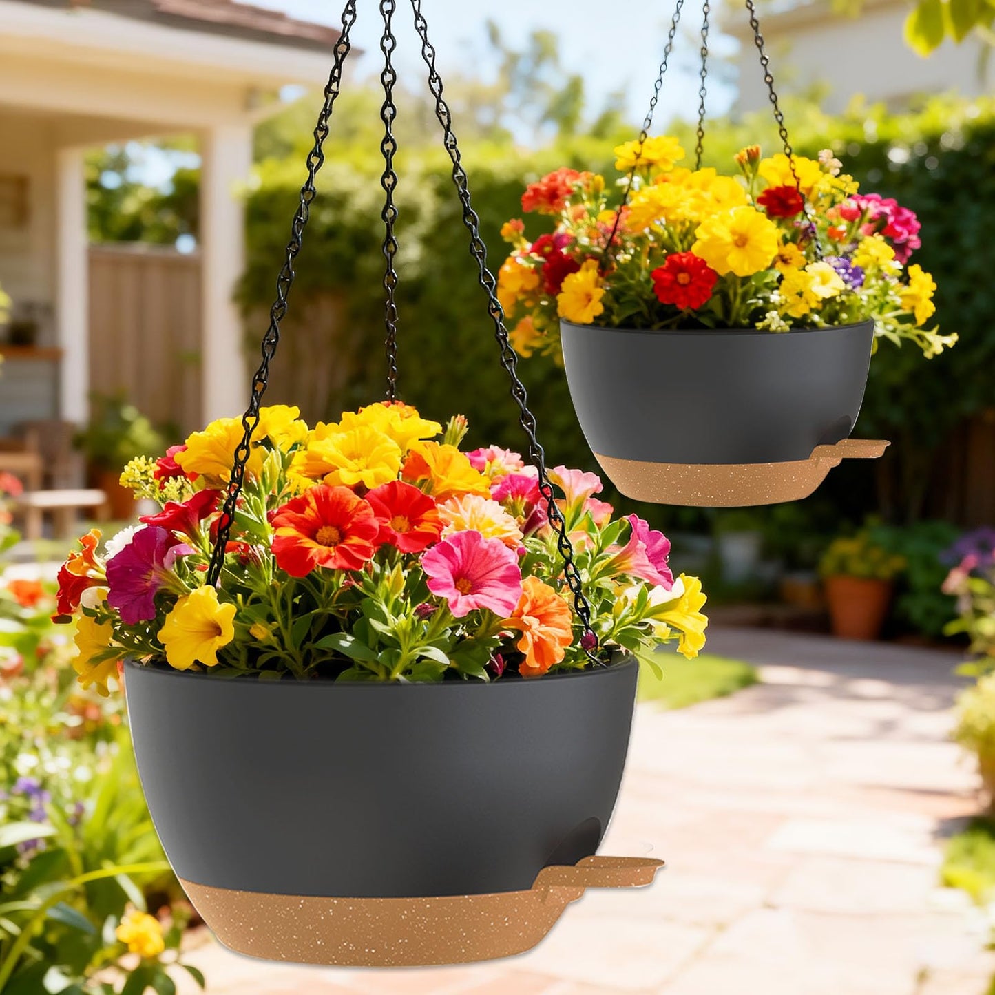 SQKH 12 Inch Hanging Baskets 2 PC with Chains, Self-Watering Hanging Planters for Indoor Outdoor Plants, Plastic Hanging Flower Pots,Black Brown