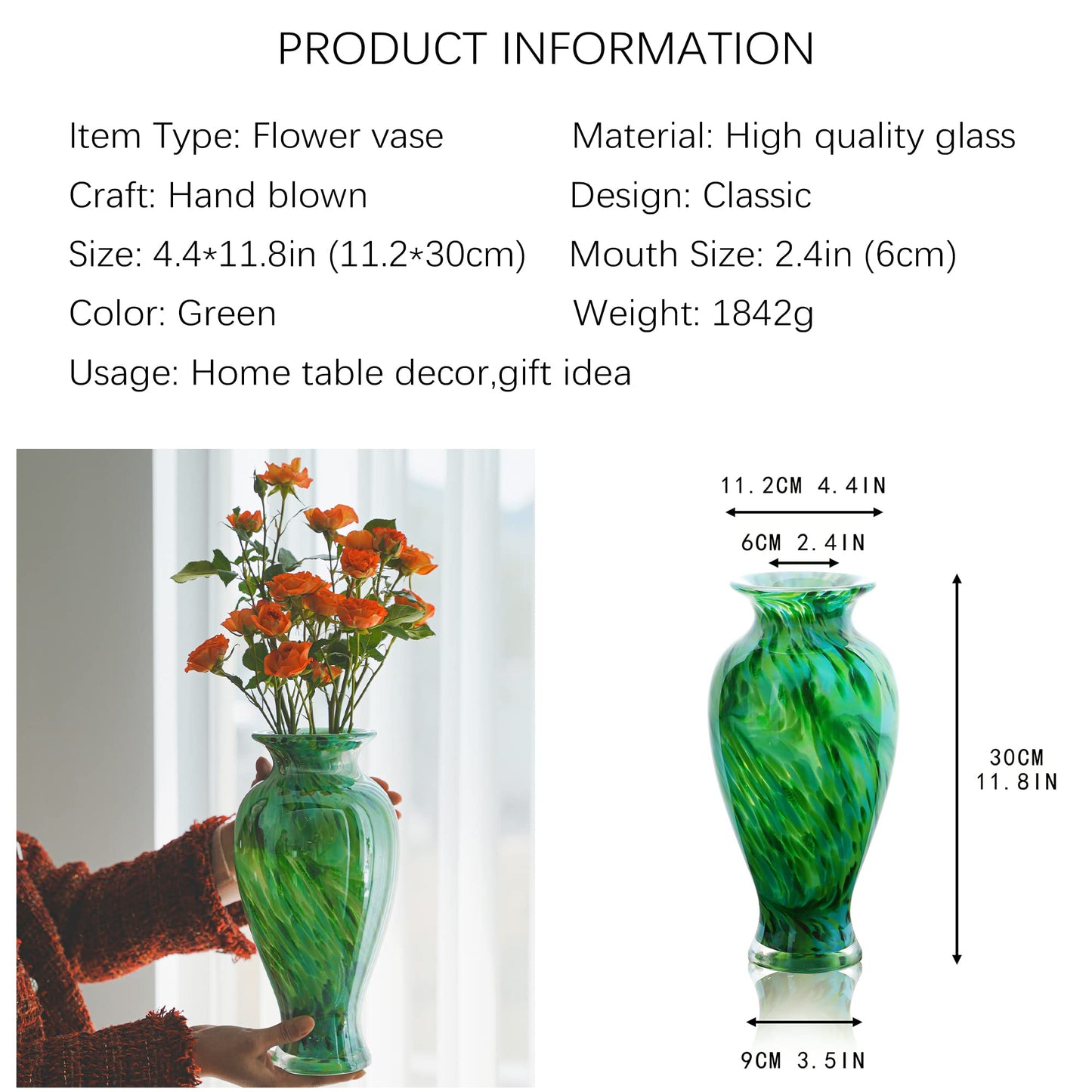 Hand Blown Green Classic Vase for Home Decor, 11.5Inch Glass Flower Vase for Shelf Decor, Living Room Decor, Centerpieces, Unique Gift for Her Mom Sister Friends