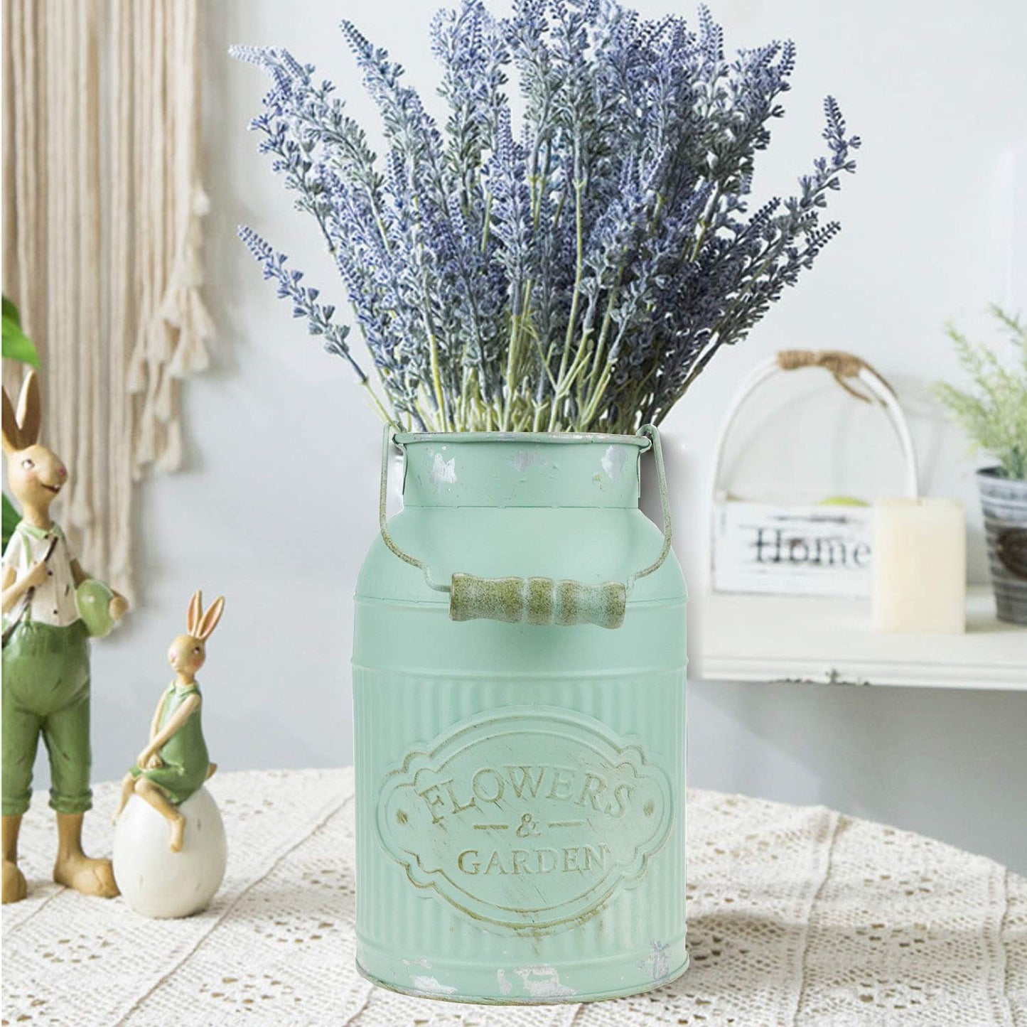 JSY-UP Green Galvanized Metal Farmhouse Flower Vases - Rustic Decorative French Flower Bucket Pots for Wedding Table Centerpiece Decorations, Home Decor