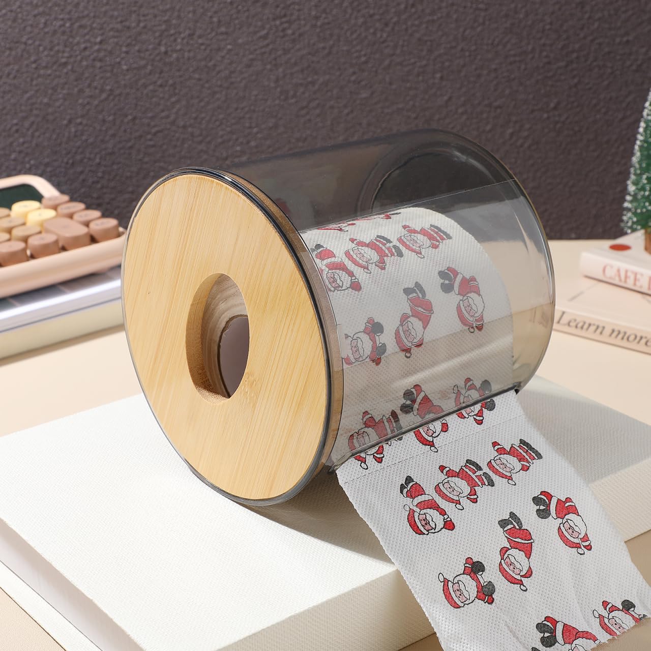Alipis Clear Round Tissue Roll Holder with Wood Lid Tabletop Napkin Dispenser for Bathroom Kitchen Home Use 5.11 X 5.11 X 5.11 Inches