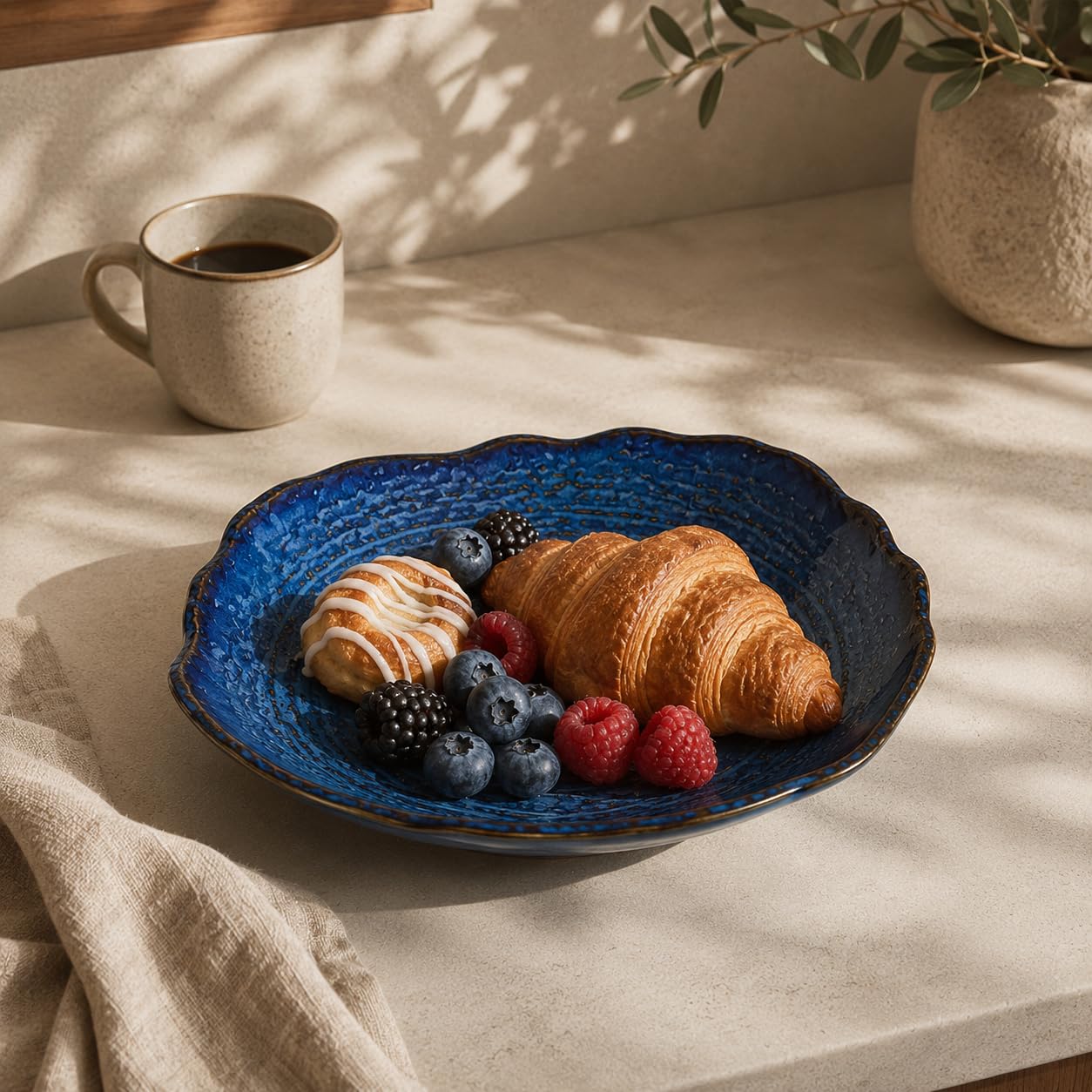 Blue Ceramic Decorative Bowl, 9.65 In Reactive Glaze Style Centerpiece