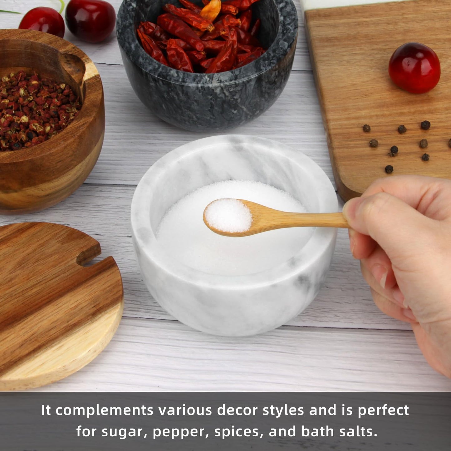 HESHIBI Salt Cellar Box with Lid & Spoon, Modern White Stone Salt or Pepper Sugar Spice Seasoning Bowl Container Jar Holder Well Keeper Dish Pig Crock for Kitchen (White Grey Marble Bowl)