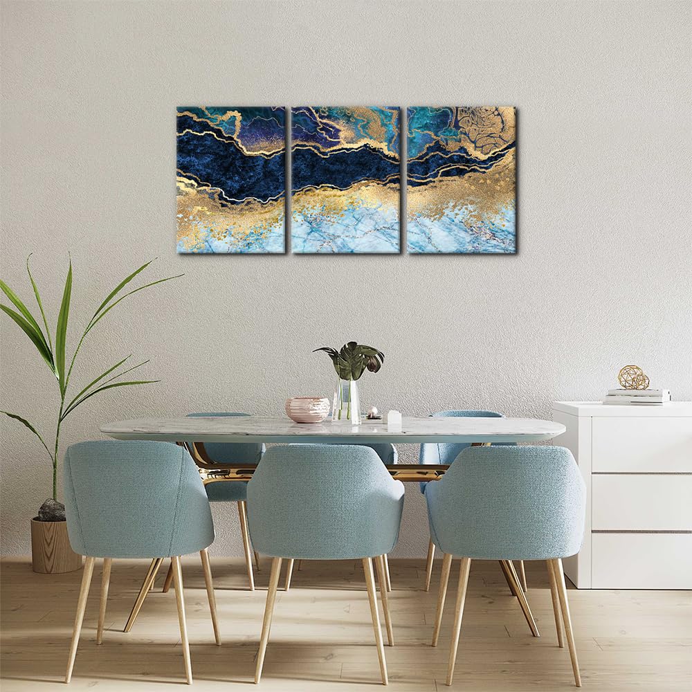 Pacimo Wall Art Set of 3 - Teal Gold Blue and White Marble Landscape Abstract Shapes - Perfect for Modern Home Decor - Ideal Wall Decor for Living Room Bedroom Bathroom and Office (12"x16"x3)