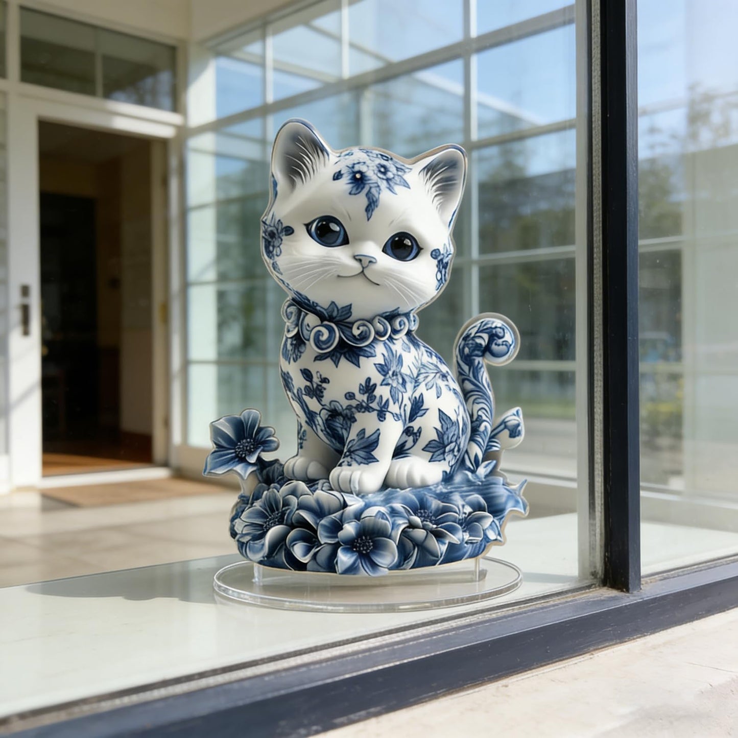 Desktop Standee, Rotatable Elf Acrylic Stand, 2D Flat Art Fairy and Peacock Tabletop Decorative Ornament, Home Study Room Bookshelf Office Creative Decor Supplies (Blue and white porcelain-cat)