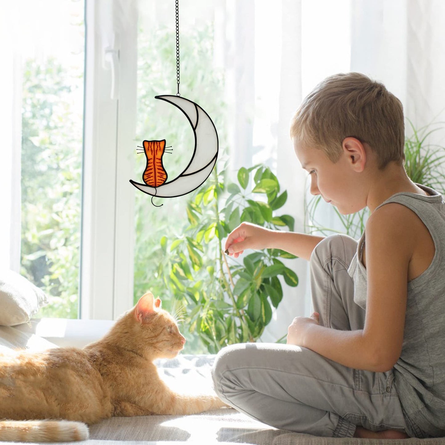 HAOSUM Stained Glass Orange Tabby Cat Decor, Handmade Cats on Moon Window Hanging Suncatcher – Perfect Cat Lover Gift for Living Room, Bedroom, Windows Decoration