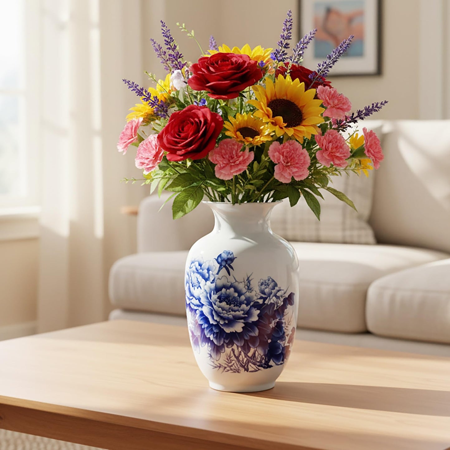MTME Porcelain Figurines, Jingdezhen Decorative Flower vase, Melon Sr. Home Decor, Wedding Gifts, Aesthetic Sculpture Home décor (Peony Blue)