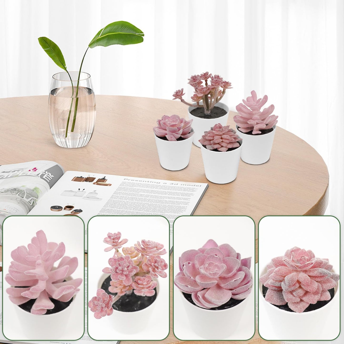 Uguisu 4-piece Set of mini Succulent Fake Plant pots, Artificial Kuan Yin Fake Plants, Small Artificial Plant pots, Bohemian Decoration for the Family Room (Pink Purple)