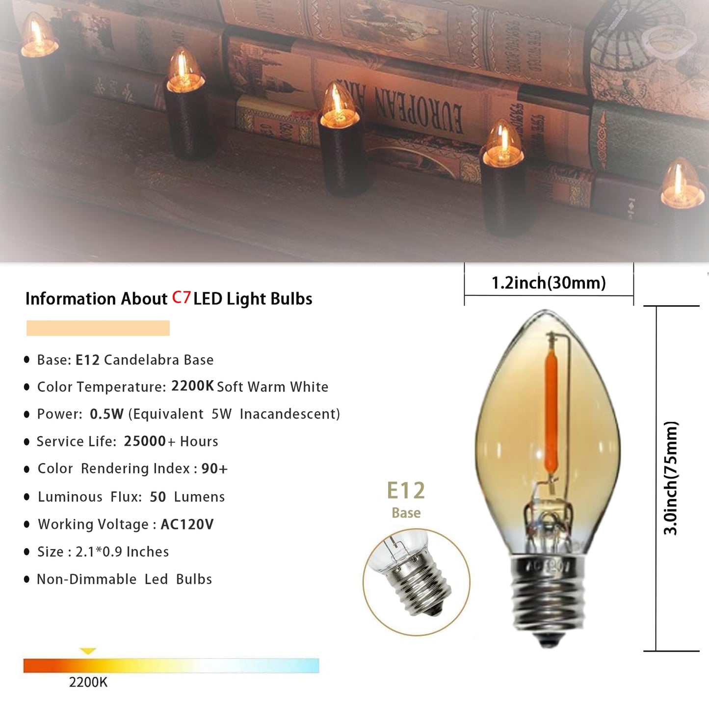 FANNIS 6 Pack C7 LED Night Light Bulbs,E12 Candelabra Base Light Bulb 5 Watt Equivalent, 0.5W 25000 Hours Lightbulb 2200K Amber Warm Replacement Bulbs for Table Lamp Christmas Decoration String Lights
