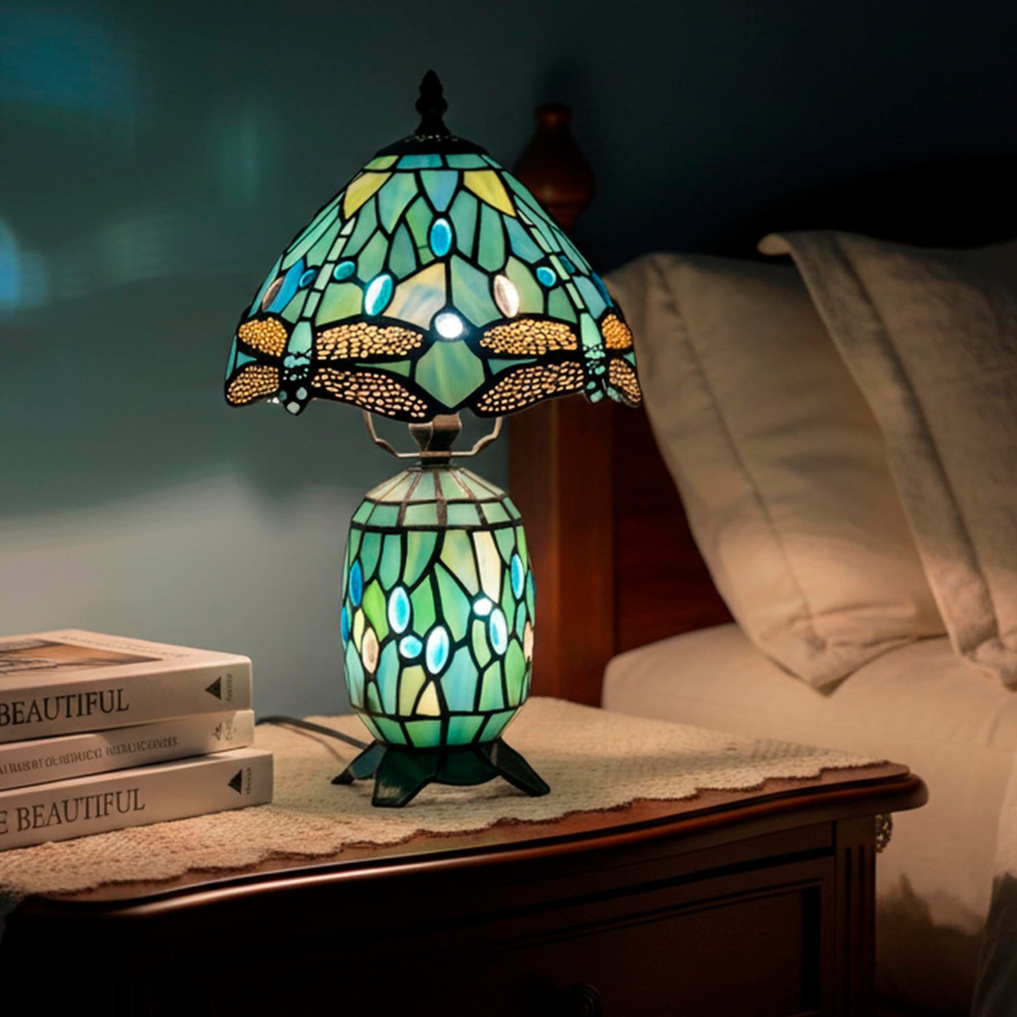 TCODTPOL Tiffany Stained Glass Table Lamp 8X14 Inches (Sea Blue Dragonfly)