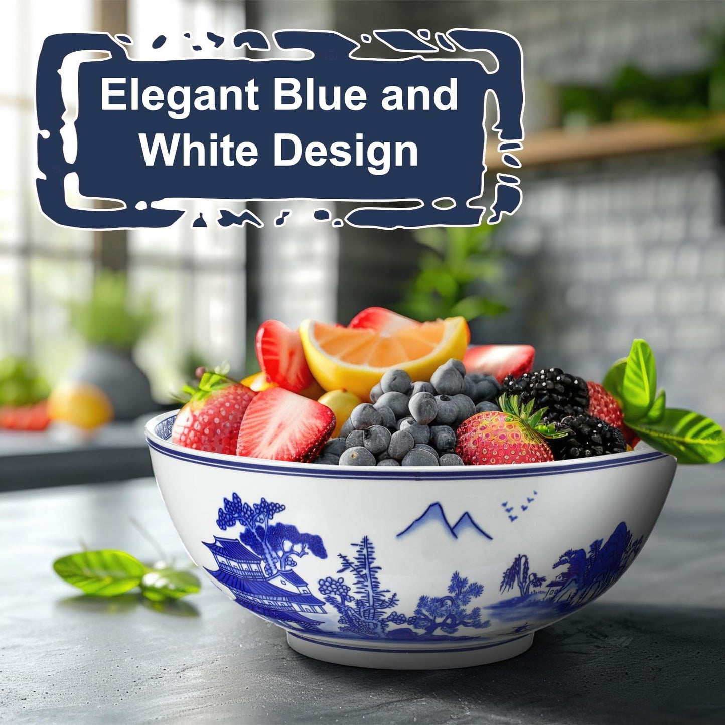 Reallnaive Christmas Chinoiserie Gift Large Salad Serving Bowl Blue and White Porcelain Bowl 9.7" x 4" Chinese Landscape Decorative Ceramic Serving Plate for Kitchen Salad Soup Fruit Home Decoration