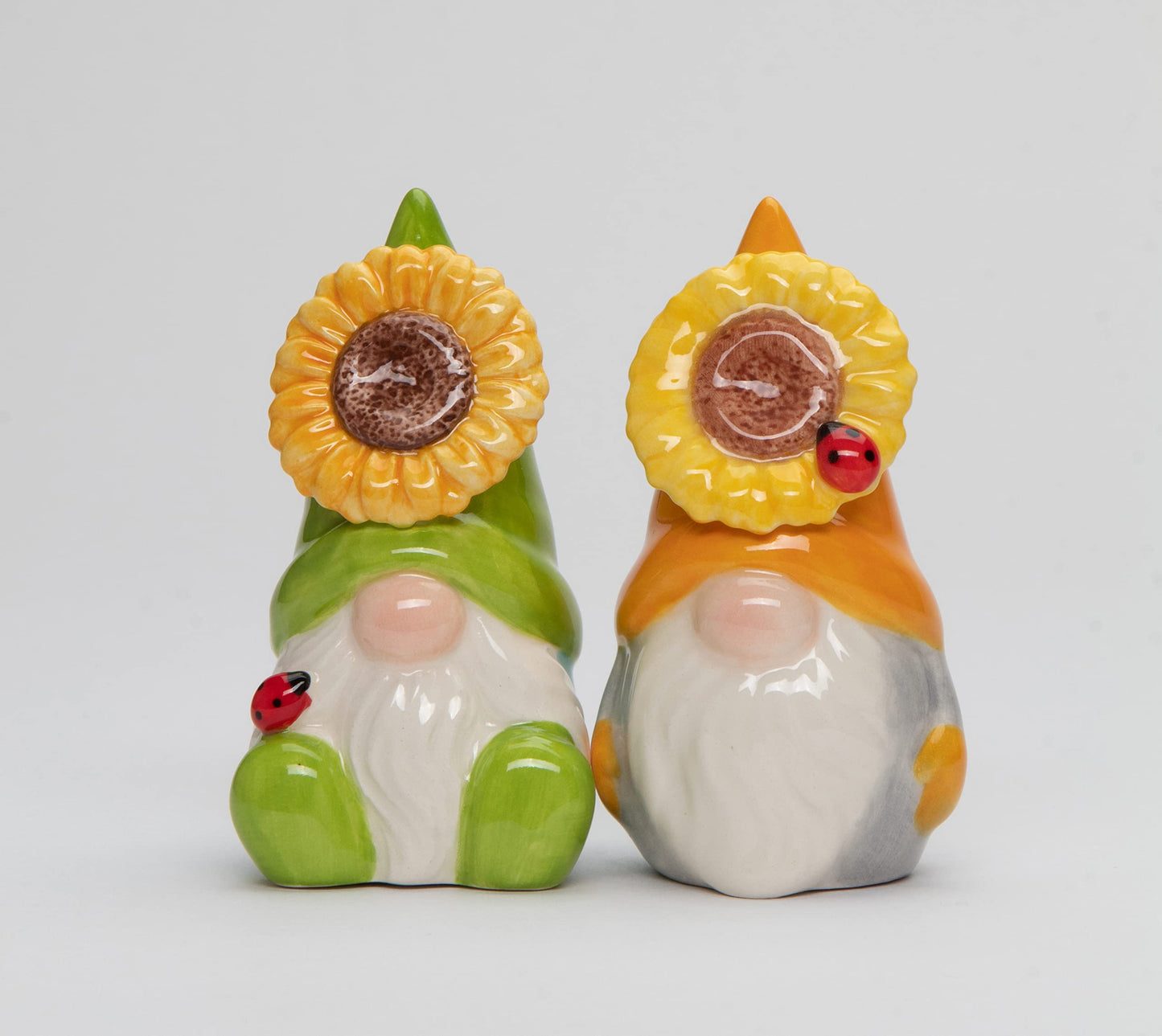 Fine Ceramic Sunflower Lady Bug Gnome Salt & Pepper Shakers Set, 3-3/4" H