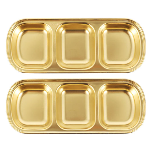 OUNONA Three Grid Seasoning Dish 2-Pack 8.07X3.14X0.78 Inch Stainless Steel Sauce Tray for Serving Dipping Sauces Appetizers and Condiments in Kitchen Restaurant Catering